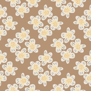 Süslü, pürüzsüz, beyaz ve sarı çiçekli desen. Bej arka plan. Tekstil, kumaş, hediye paketi, duvar kağıtları için düz vektör baskısı. Sonsuz illüstrasyon.