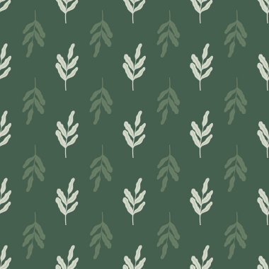 El çizimi yaprak dalları olan soyut botanik dikişsiz desen. Yeşil arka plan. Mevsimlik tekstil baskıları, kumaş, afişler, arkaplanlar ve duvar kağıtları için vektör illüstrasyonu.