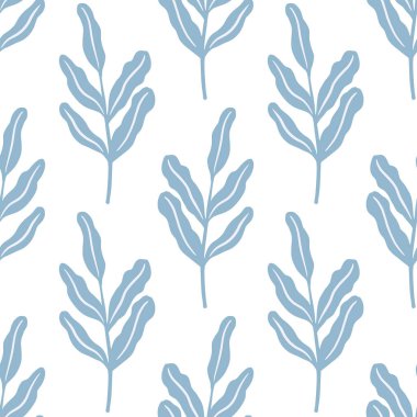 İzole edilmiş, pürüzsüz desenli, karalamalı, sade yaprak dalları beyaz arka planda mavi süslemeler. Mevsimlik tekstil baskıları, kumaş, afişler, arkaplanlar ve duvar kağıtları için vektör illüstrasyonu.