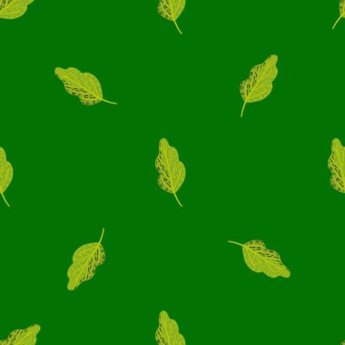 Basit bir meşe yaprağı süsüsüyle, minimalist, pürüzsüz karalama deseni. Yeşil arka plan. Stok çizimi. Tekstil, kumaş, hediye paketi, duvar kağıtları için vektör tasarımı.