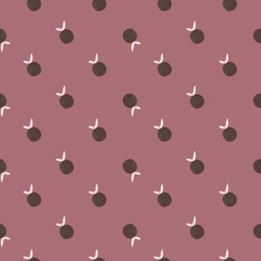 Organik, küçük mandalina süslemeleri olan kusursuz bir besin örneği. Mor renkler. Kağıt ve kumaş dokuları için grafiksel tasarım. Vektör İllüstrasyonu.