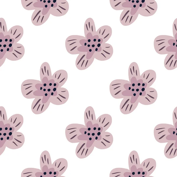 Vereinzelte Nahtlose Muster Mit Einfachen Lila Blütensilhouetten Weißer Hintergrund Floraler — Stockvektor