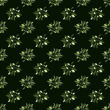 Limonlu ve yapraklı süslemeli, yaratıcı, pürüzsüz bir desen. Siyah arka plan. Mevsimlik tekstil baskıları, kumaş, afişler, arkaplanlar ve duvar kağıtları için vektör illüstrasyonu.