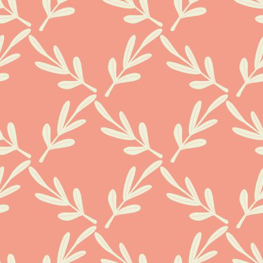 Beyaz yaprak dalları süslemeli soyut bitkisel desenler. Pembe arka plan. Stok çizimi. Tekstil, kumaş, hediye paketi, duvar kağıtları için vektör tasarımı.