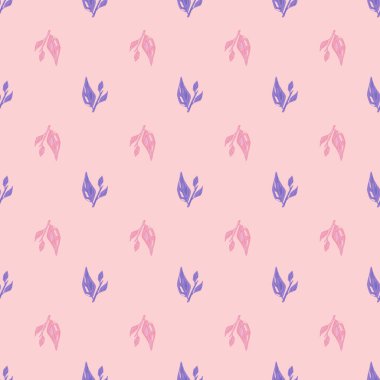 Süssüz desenli, karalama mavisi dallı desen. Pembe renkli arka plan. Kağıt ve kumaş dokuları için grafiksel tasarım. Vektör İllüstrasyonu.