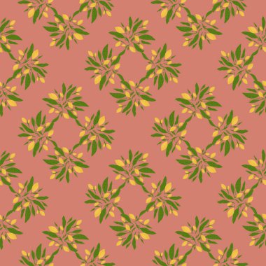 Sarı limonlu ve yeşil yapraklı meyvesiz turunçgil deseni. Pembe arka plan. Mevsimlik tekstil baskıları, kumaş, afişler, arkaplanlar ve duvar kağıtları için vektör illüstrasyonu.