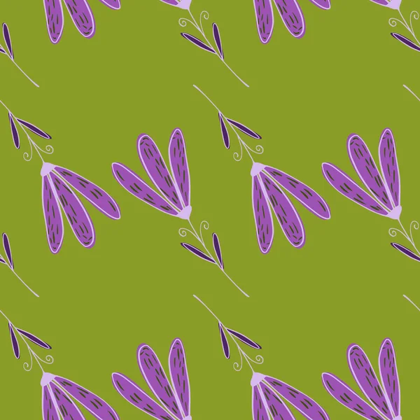 Purple Contoured Flowers Seamless Doodle Pattern Green Background Decorative Botanic — Stock Vector