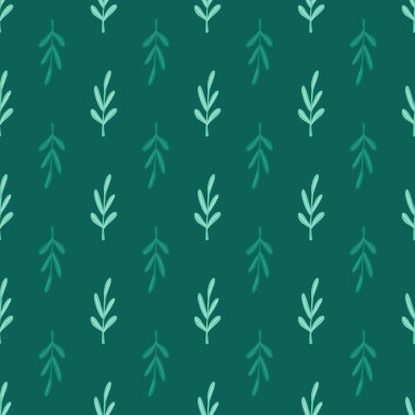 Basit yaprak dalları siluetleriyle kusursuz bir desen. Yeşil arka plan. Stok çizimi. Tekstil, kumaş, hediye paketi, duvar kağıtları için vektör tasarımı.