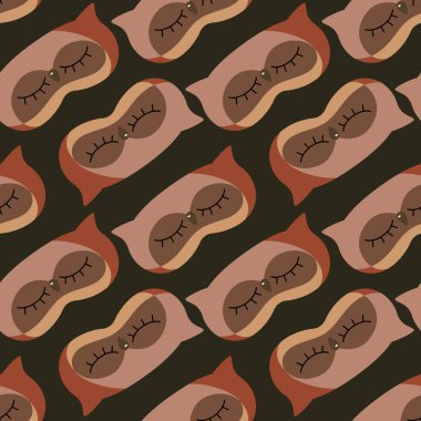 Siyah arka planda baykuş kahverengisi renkli geometrik dikişsiz desen. Çocukların grafik tasarım elementleri farklı amaçlar için. Düz vektör illüstrasyonu.