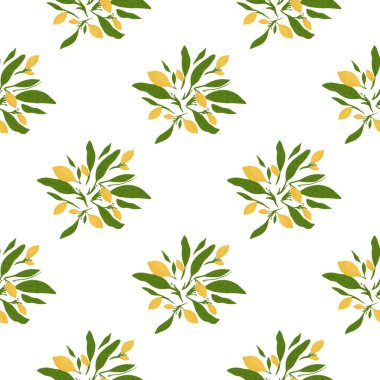 Yeşil yapraklı, limonlu, dikişsiz karalama deseni. Beyaz arka plan. Mevsimlik tekstil baskıları, kumaş, afişler, arkaplanlar ve duvar kağıtları için vektör illüstrasyonu.