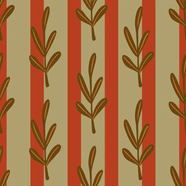 茶色の輪郭の葉のシルエットシームレスなドアパターン 赤の背景を縞模様 ストックイラスト テキスタイル ファブリック ギフトラップ 壁紙のためのベクトルデザイン — ストックベクタ