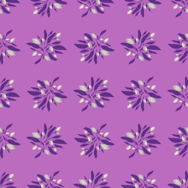 Limonlu ve yapraklı organik dikişsiz desen. Mor arka plan. Mevsimlik tekstil baskıları, kumaş, afişler, arkaplanlar ve duvar kağıtları için vektör illüstrasyonu.