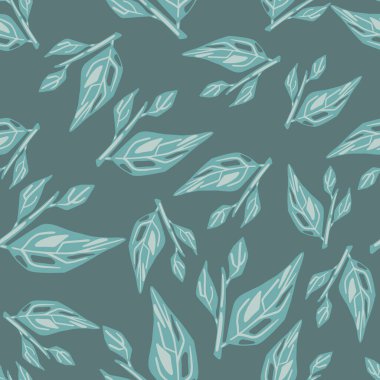 Gelişigüzel mavi yapraklı süslemeli botanik desenli. Gri arka plan. Kağıt ve kumaş dokuları için grafiksel tasarım. Vektör İllüstrasyonu.