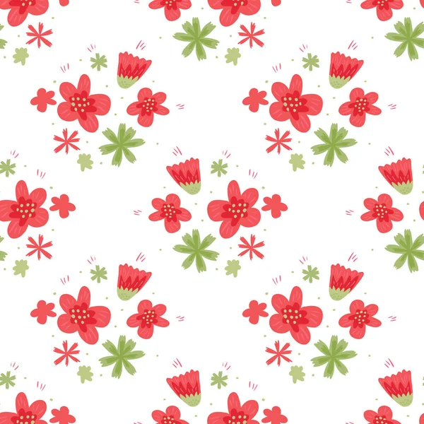 Vereinzelte Nahtlose Muster Mit Einfachen Kreativen Roten Und Grünen Blütensilhouetten — Stockvektor
