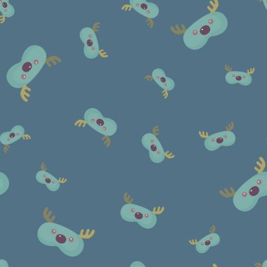 Kahverengi boynuzlu, maske mavisi, koyu mavi arka planda kaotik, pürüzsüz desenli. Çocukların grafik tasarım elementleri farklı amaçlar için. Düz vektör illüstrasyonu.