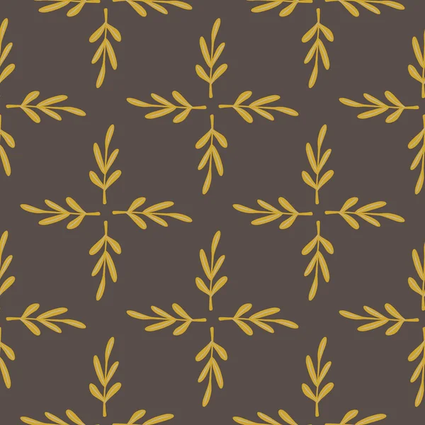 黄色の葉の枝の形を持つ植物の装飾シームレスなパターン 茶色の背景 ストックイラスト テキスタイル ファブリック ギフトラップ 壁紙のためのベクトルデザイン — ストックベクタ