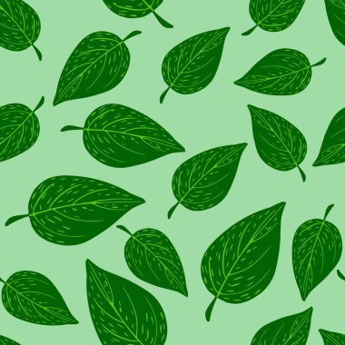 Rastgele parlak yeşil yapraklar karalama tarzında kusursuz süsler. Pastel arka plan. Tekstil, kumaş, hediye paketi, duvar kağıtları için düz vektör baskısı. Sonsuz illüstrasyon.
