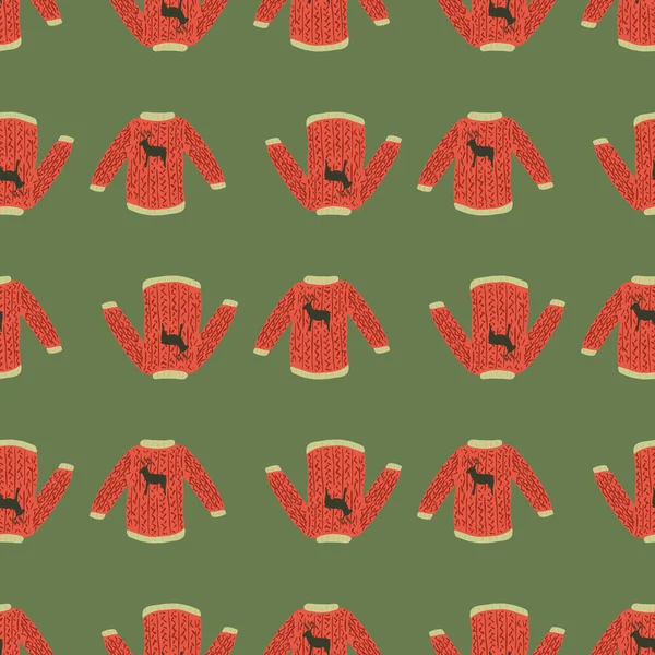 Weihnachten Roter Pullover Kritzelt Nahtloses Muster Handgezeichnetem Stil Grüner Hintergrund — Stockvektor