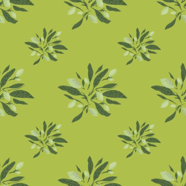 Klasik yeşillik ve limon süsü ile yaratıcı, kusursuz desen. Yeşil ışık arka planı. Mevsimlik tekstil baskıları, kumaş, afişler, arkaplanlar ve duvar kağıtları için vektör illüstrasyonu.