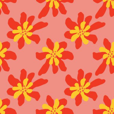 Kırmızı ve sarı renkli çiçek süsüsüyle parlak, pürüzsüz bir yaz. Pembe arka plan. Tekstil, kumaş, hediye paketi, duvar kağıtları için düz vektör baskısı. Sonsuz illüstrasyon.