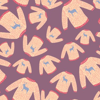 Rastgele örülmüş kazak süsü, kusursuz kış deseni. Mor renkli arka plan. Mevsimlik tekstil baskıları, kumaş, afişler, arkaplanlar ve duvar kağıtları için vektör illüstrasyonu.