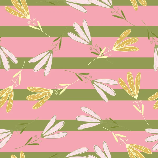 无缝隙的随机图案 具有简单的花朵元素 粉色和绿色条纹背景 壁纸等的平面矢量印刷 无穷无尽的例证 — 图库矢量图片