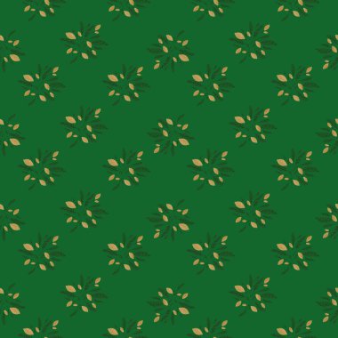 Soyut küçük limon ve dikişsiz gıda deseni. Yeşil arka plan. Meyve arkaplanı. Mevsimlik tekstil baskıları, kumaş, afişler, arkaplanlar ve duvar kağıtları için vektör illüstrasyonu.