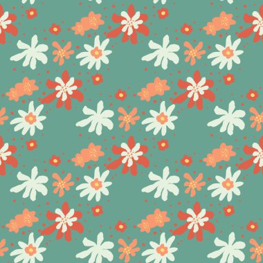 Pastel palet pürüzsüz desen, beyaz, kırmızı ve turuncu çiçekli soyut iz. Mavi arka plan. Mevsimlik tekstil baskıları, kumaş, afişler, arkaplanlar ve duvar kağıtları için vektör illüstrasyonu.