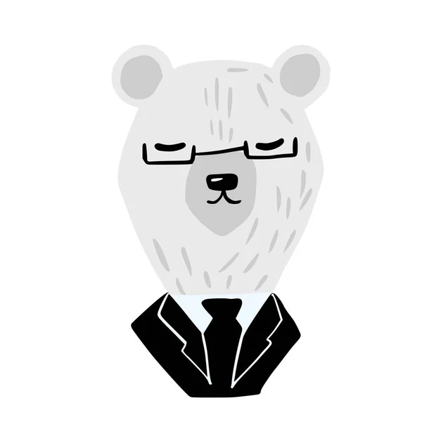 흰옷을 북극곰 수트와 유리를 귀여운 사업가 Doodle Vector Illustration — 스톡 벡터