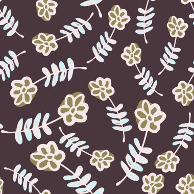 Rastgele çiçekler, beyaz süslemeler, pürüzsüz desenler. Kahverengi arka plan. Stok çizimi. Tekstil, kumaş, hediye paketi, duvar kağıtları için vektör tasarımı.