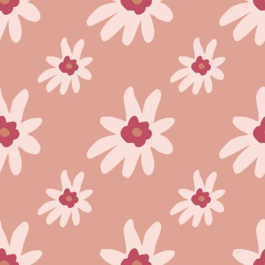 Pembe ışık arka planında beyaz çiçekli siluetler olan, kusursuz çizgi film deseni. Tekstil, kumaş, hediye paketi, duvar kağıtları için düz vektör baskısı. Sonsuz illüstrasyon.