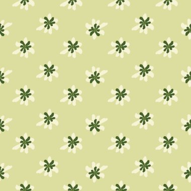 Küçük papatya çiçekleri pastel tonlarda kusursuz desenler basar. Açık yeşil arka plan. Tekstil, kumaş, hediye paketi, duvar kağıtları için düz vektör baskısı. Sonsuz illüstrasyon.
