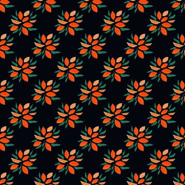 Kırmızı limon siluetleri ve yeşilliklerle kusursuz yaz şablonu. Siyah arka plan. Mevsimlik tekstil baskıları, kumaş, afişler, arkaplanlar ve duvar kağıtları için vektör illüstrasyonu.