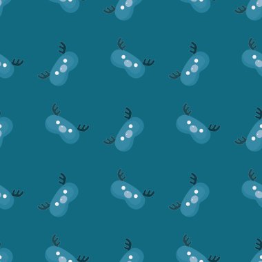 Baş geyiği açık mavi, siyah boynuzları var. Mavi arkaplanda geometrik, dikişsiz desen var. Çocukların grafik tasarım elementleri farklı amaçlar için. Düz vektör illüstrasyonu.