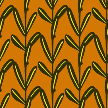 Çizgili yaprak dalları süslemeli, dikişsiz bitkisel desen. Turuncu arka plan. Stok çizimi. Tekstil, kumaş, hediye paketi, duvar kağıtları için vektör tasarımı.