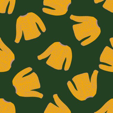 Yeşil arka planda parlak turuncu süveter izi olan basit, pürüzsüz bir moda modeli. Tekstil, kumaş, hediye paketi, duvar kağıtları için düz vektör baskısı. Sonsuz illüstrasyon.