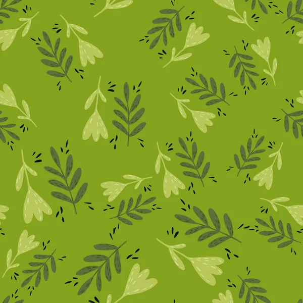 葉の枝や花のシルエットとランダムなシームレスな植物パターン 緑の背景 季節のテキスタイルプリント ファブリック バナー 背景や壁紙のためのベクトルイラスト — ストックベクタ