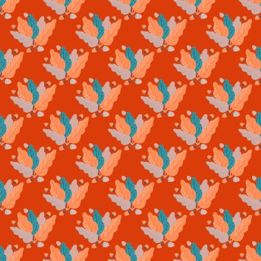 Mavi yaprak şekilli, dikişsiz bir el çizimi. Parlak kırmızı arka plan. Klasik doğa baskısı. Kağıt ve kumaş dokuları için grafiksel tasarım. Vektör İllüstrasyonu.