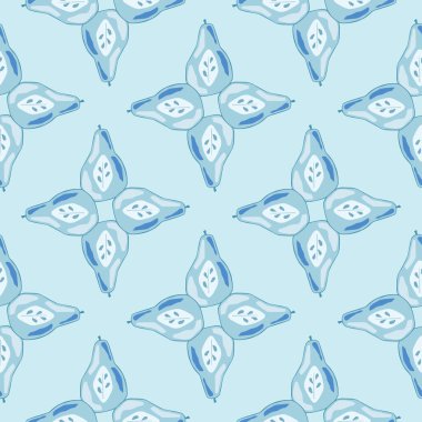 Soyut yarım armut desenli yaratıcı kusursuz desen. Mavi ışık arka planı. Meyve tabloları. Mevsimlik tekstil baskıları, kumaş, afişler, arkaplanlar ve duvar kağıtları için vektör illüstrasyonu.