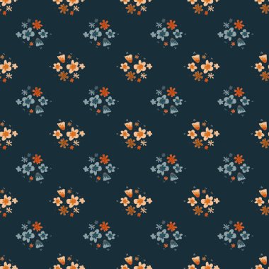 Botanik çiçek unsurları olan kusursuz doğa şekli. Deniz mavisi. Stok çizimi. Tekstil, kumaş, hediye paketi, duvar kağıtları için vektör tasarımı.