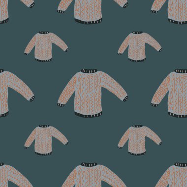 Eskimiş gri süveter siluetleri, soluk mavi arka planda pürüzsüz desenler. Mevsimlik tekstil baskıları, kumaş, afişler, arkaplanlar ve duvar kağıtları için vektör illüstrasyonu.