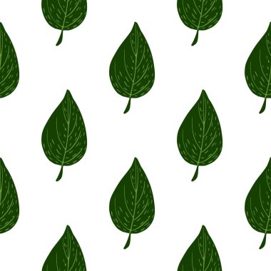 Yeşil yapraklı, izole botanik izler. Beyaz arka plan. Doğa arkaplanı. Tekstil, kumaş, hediye paketi, duvar kağıtları için düz vektör baskısı. Sonsuz illüstrasyon.