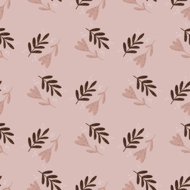 Çizgi film dalları ve çiçek unsurlarıyla el çizimi kusursuz desen. Pembe soluk bir palet. Mevsimlik tekstil baskıları, kumaş, afişler, arkaplanlar ve duvar kağıtları için vektör illüstrasyonu.