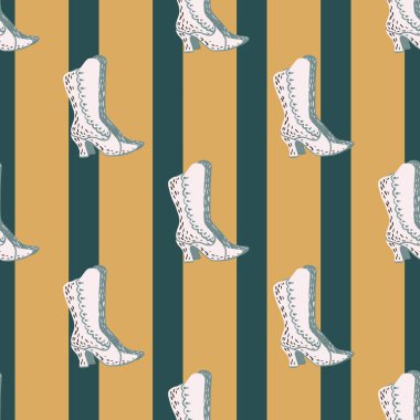 Aksesuarsız çizme desenli beyaz kadın bot süsü. Bej ve mavi çizgili arka plan. Stok çizimi. Tekstil, kumaş, hediye paketi, duvar kağıtları için vektör tasarımı.