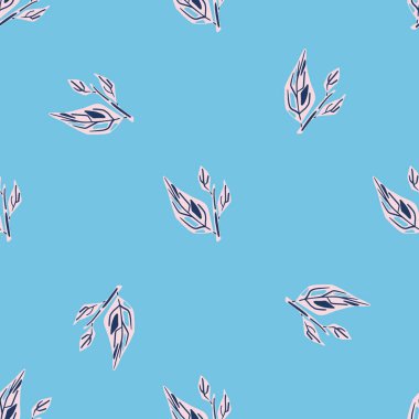 Botanik yaprak süsüsüyle asgari düzeyde kusursuz desen. Mavi parlak arka plan. Kağıt ve kumaş dokuları için grafiksel tasarım. Vektör İllüstrasyonu.