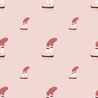 Çizgi film buharlı gemi elementleri içeren çizimsiz bir şekil. Pembe renkli arka plan. Komik parmak izi. Mevsimlik tekstil baskıları, kumaş, afişler, arkaplanlar ve duvar kağıtları için vektör illüstrasyonu.