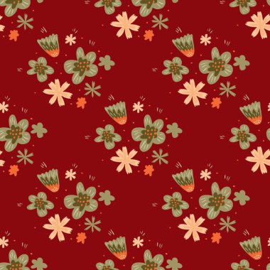 Halk çiçekleri, kestane rengi arka planda elle çizilmiş kusursuz karalama desenleri sunar. Stok çizimi. Tekstil, kumaş, hediye paketi, duvar kağıtları için vektör tasarımı.