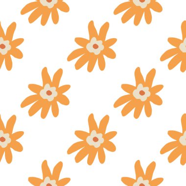 Beyaz arka planda sarı çiçek siluetleri olan kusursuz bir desen. Tekstil, kumaş, hediye paketi, duvar kağıtları için düz vektör baskısı. Sonsuz illüstrasyon.