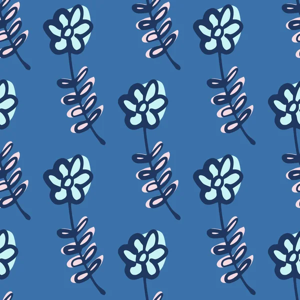Весняний Безшовний Каракулітний Візерунок Ескізом Квітів Синій Фон Стокова Ілюстрація — стоковий вектор