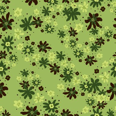 Gelişigüzel yeşil çiçek elementleriyle botanik desenli. Açık yeşil arka plan. Mevsimlik tekstil baskıları, kumaş, afişler, arkaplanlar ve duvar kağıtları için vektör illüstrasyonu.